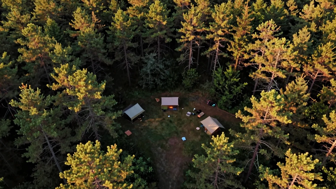 Overhead aerial view of campsite grounds nestled in a dense pine forest during golden hour, rich forest greens and warm